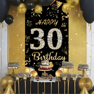 Detail van de 30e verjaardag achtergrond met zwart gouden ballonnen en strass-patroon