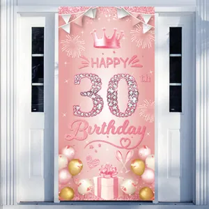 Happy 30th Birthday Party Banner Verticale Poster Decoratie Polyester Stof Zwart Goud Blauw Roze Viering Achtergrond