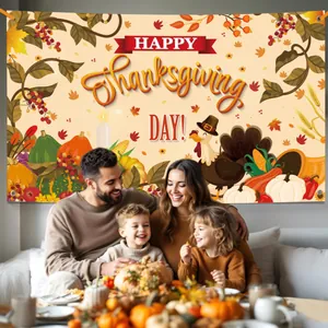 Thanksgiving backdrop banner with turkey and pumpkin for autumn harvest party decoration