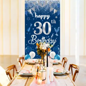 Verticale marineblauwe en zilveren 30e verjaardag banner met ballonnen en sterren
