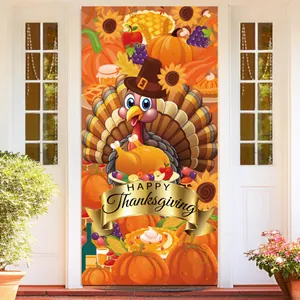 Thanksgiving Door Banner Polyester Harvest Festival Poster Turkey Pumpkin Scarecrow Gnome Autumn Party Decoration