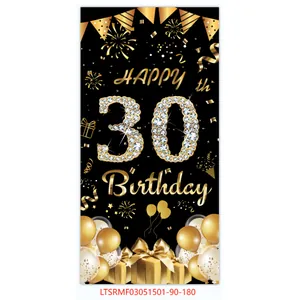 Verticale verjaardag banner 30 jaar in zwart en goud met ballonnen decoratie
