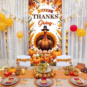 Vertical Happy Thanksgiving banner with cartoon turkey and pumpkins for festive door decoration