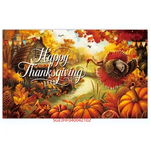 Close-up of Happy Thanksgiving tapestry with festive turkey, pumpkin and autumn leaves