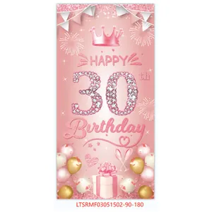 Detail van de roze en gouden deurbanner voor 30e verjaardag met glitterballonnen