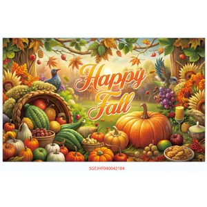 Detail of Happy Fall harvest backdrop with pumpkins, sunflowers and maple leaves