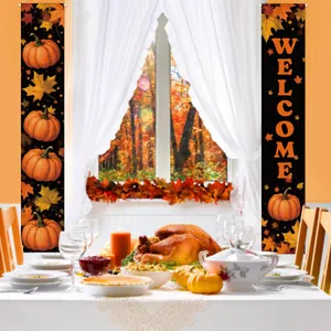 Autumn Thanksgiving door banners with orange pumpkins and Welcome lettering for harvest party