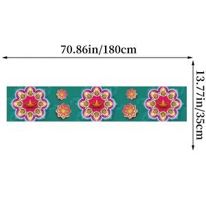 Diwali table runner with mandala patterns and lotus flowers in green and pink, 180x35cm