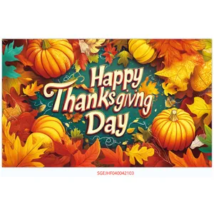 Detailed view of Happy Thanksgiving backdrop with pumpkins and colorful autumn maple leaves
