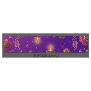 Detail of Happy Diwali table runner with purple mandala pattern and glowing oil lamps