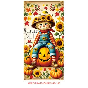 Detail of polyester fall door banner featuring a scarecrow, pumpkin and Welcome Fall text