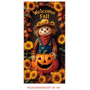 Close-up of Fall Welcome banner with scarecrow, pumpkins and vibrant sunflowers