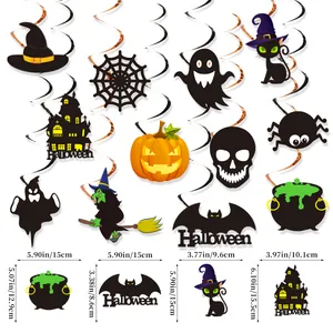 Detailed size chart of Halloween spiral hanging decorations featuring ghosts and pumpkins