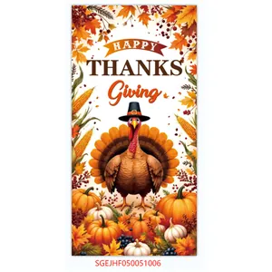 Vertical Thanksgiving door banner featuring a turkey, pumpkins, and autumn leaves motifs