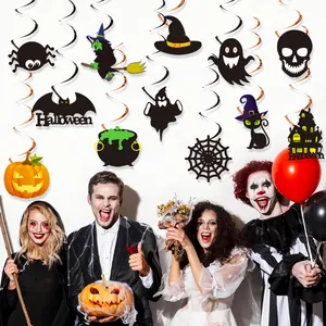 Halloween hanging swirl decorations featuring classic pumpkin witch and ghost designs