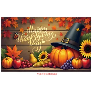 Detailed close-up of Thanksgiving tapestry featuring pumpkins, autumn leaves and golden text