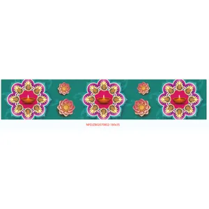 Close-up of Diwali teal table runner featuring pink lotus and golden Diya lamp patterns