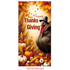 Detail of Happy Thanksgiving banner showing turkey, corn, pumpkin and autumn maple leaves