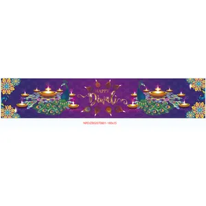 Detail of Happy Diwali table runner 180x35cm with golden peacock and mandala patterns