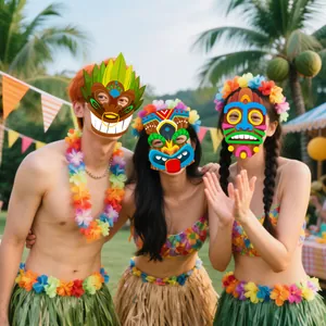 Masques de fête Tiki hawaïens et ensemble de jupes hula avec colliers de fleurs