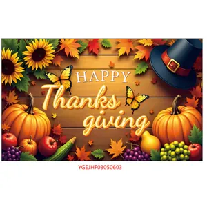 Detail of Happy Thanksgiving banner featuring pumpkins, autumn leaves, and wood texture