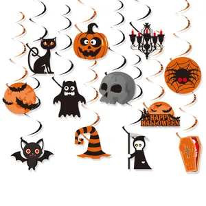 Halloween hanging swirl decorations set featuring 12 classic spooky cartoon icons