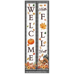 Detail of Fall Welcome and Hello Fall banners with pumpkin and turkey graphics