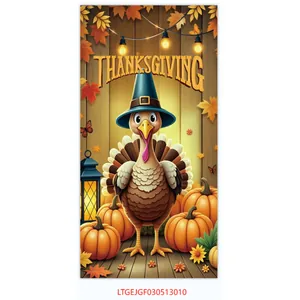 Detail of Thanksgiving door banner showing cartoon turkey and pumpkins on wood texture