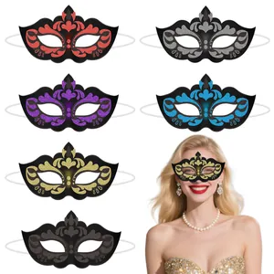Maschere veneziane glitterate in sei colori con modella che indossa lo stile dorato