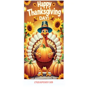 Happy Thanksgiving polyester door banner featuring turkey, pumpkins and sunflowers