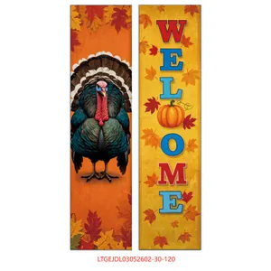 Detailed view of Thanksgiving welcome banners featuring turkey, pumpkin, and autumn maple leaves