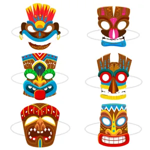 Lot de 6 masques de fête hawaïens Tiki colorés avec élastique pour décorations de cosplay