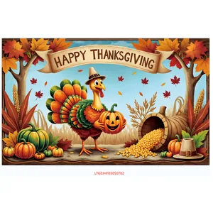 Detailed close-up of a Thanksgiving backdrop featuring a turkey, pumpkins, and autumn leaves