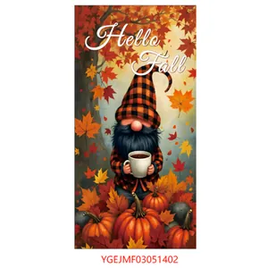 Detail of Hello Fall polyester banner featuring a cute gnome and colorful maple leaves