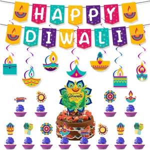 Happy Diwali Party Dekoration Papier Banner Spiralhänger Pfau Öllampe Kuchen Topper Festival Of Lights Zubehör