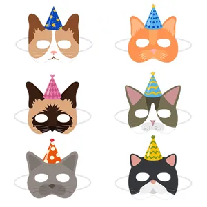 Set di sei maschere per gatti in carta con diverse razze e cappelli da festa colorati