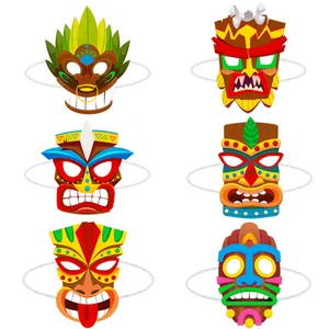 Lot détaillé de six masques de fête tiki tribaux colorés avec cordon élastique de cosplay