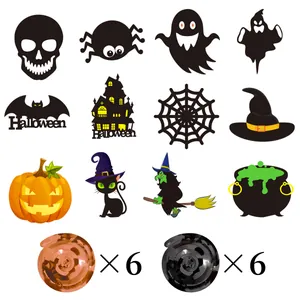 Detailed set of 12 Halloween party swirl decorations with pumpkin and witch paper cutouts