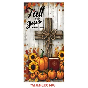 Detail of Fall for Jesus banner with cross, pumpkins, sunflowers, and Bible on wood grain