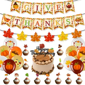 Complete Thanksgiving party set with Give Thanks banners, maple leaves and turkey balloons