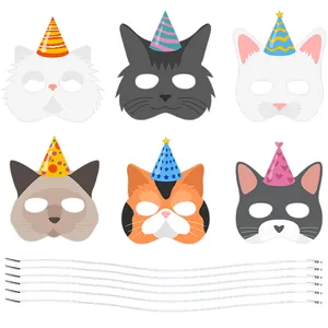 Set di 6 maschere da gatto per bambini con cappellini di compleanno e corde elastiche