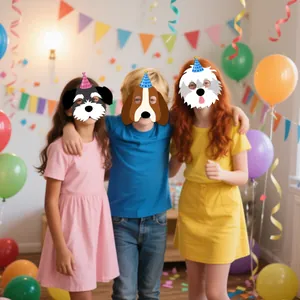 Kids dog party masks with polka dot birthday hats for celebration and cosplay fun