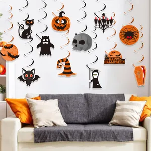 Halloween hanging swirl decorations featuring pumpkins, ghosts and black cats for parties