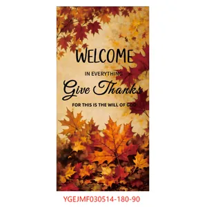 Detail of Thanksgiving polyester door banner with autumn maple leaves and religious text