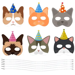 Set di 6 graziose maschere da gatto con cappelli di compleanno per costumi da bambini