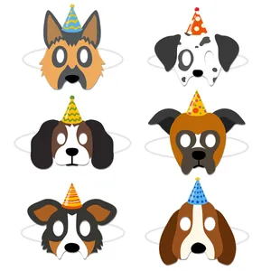 Set of 6 cartoon dog party masks with colorful hats and elastic bands for kids' birthdays