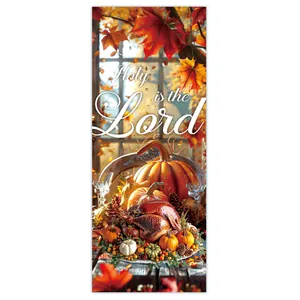 Vertical Thanksgiving door banner featuring roasted turkey, pumpkins and Holy text