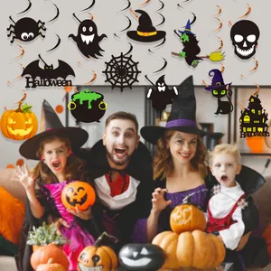 Halloween spiral swirl decorations with cartoon pumpkin and bat in a party setting