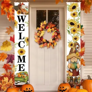 Detail of Welcome Thanksgiving porch banners with sunflowers, pumpkins and gnomes