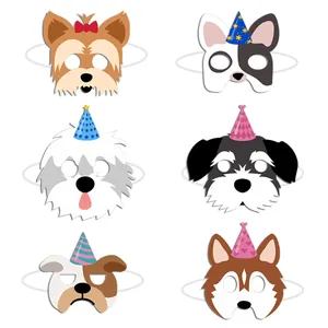 Detailed set of 6 cartoon dog paper masks with elastic bands for kids party decorations
